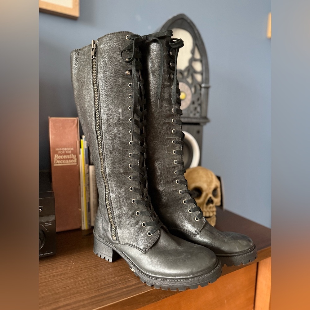 Nine West Black Leather Lace-Up Knee-High Boots genuine leather size 7.5